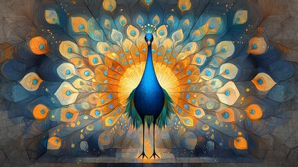 A stunning and majestic sacred peacock with glowing iridescent and intricate paper cut inspired textures and patterns adorning its magnificent feathers