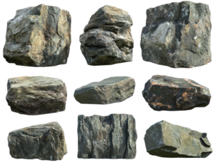 Collection of Nine Diverse Grey and Brown Rocks Textures Isolated on Black Background High Resolution