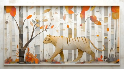 A majestic golden tiger prowling through a mystical layered forest landscape with surreal paper cut textures and ethereal lighting  This digital artwork conveys a sense of fantasy wonder