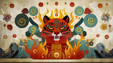 Majestic Guardian Tiger Surrounded by Sacred Flames and Paper Cut Shadows   A Mystical and Powerful Depicting a Legendary Feline Protector Amidst a Surreal Spiritual Landscape