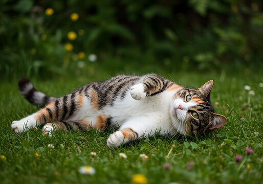 Calico Cat Enjoying the Softness of Fresh Grass