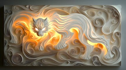 A fierce and majestic white tiger with glowing stripes and an intricate paper cut design showcasing the power and grace of this captivating feline predator in a stunning portrayal