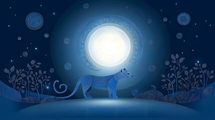 Captivating of a celestial blue tiger standing under a glowing mystical moon with intricate layered paper cut details creating a fantastical dream like atmosphere