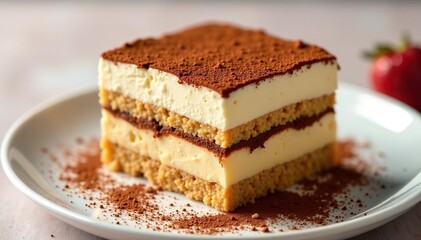 Individual tiramisu portion, dusted with cocoa powder, showing rich texture , studio shot, pastry, high-resolution