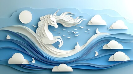Mystical unicorn with a flowing ethereal mane depicted in a layered paper cut artwork style  This fantastical whimsical creature embodies a sense of magic wonder and imagination