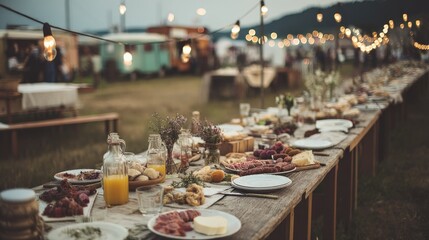Fototapeta premium Grazing Table in a Field with Fruits, Vegetables, Charcuterie, and Colorful String Lights in a Summery Atmosphere