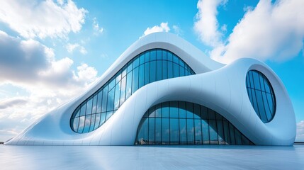 Futuristic Architectural Design: A Curvilinear Structure Under a Cloudy Blue Sky