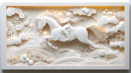 Majestic white celestial horse galloping with grace and power through glowing ethereal clouds in a surreal fantastical landscape  The image captures a sense of movement energy and otherworldly beauty