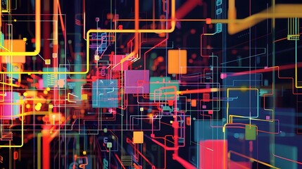 Naklejka premium Abstract Colorful Network: Exploring Interconnected Lines and Shapes in a Vibrant Digital Landscape, Showcasing Geometric Patterns with Bold Hues and Dynamic Composition for Visual Stimulation.