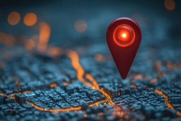 Location pin glowing on a detailed city map illuminated by street lights at night