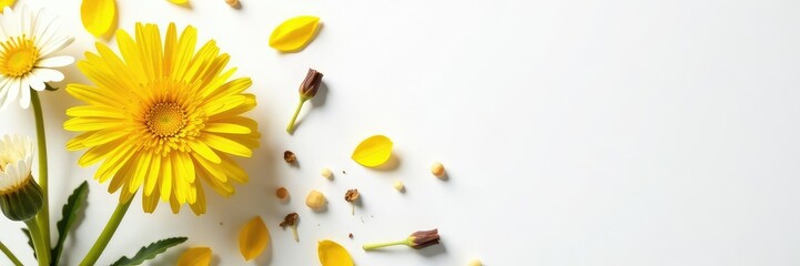 dandelion and wildflower blooms on white paper, isolated, petals, flowers
