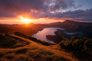 Watching Lake Sunset From Mountain Top with Golden Grass and Clouds
