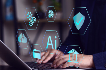 AI Technology and Future Innovation Humans are using AI to work for efficiency, machine learning, deep learning, big data connectivity, connectivity, global business systems.
