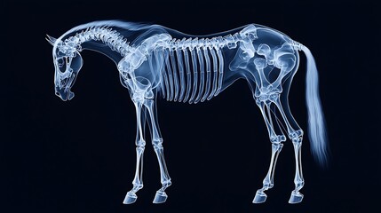 Fototapeta premium An x-ray image of a horse displaying its skeletal structure against a dark background, illustrating the anatomy and bone arrangement of the animal.