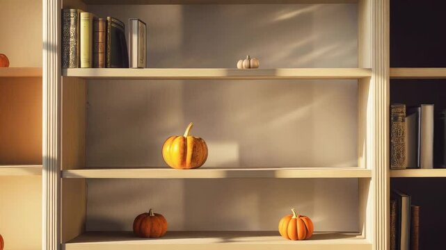 Small orange pumpkins emerging mysteriously on vintage wooden shelf, nestled between weathered books and rustic garlic bulbs, illuminated by golden sunlight creating dramatic shadows