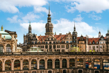 Architectural monuments of Dresden. The palace complex. View from the Zwinger wall of the Residenzschloss