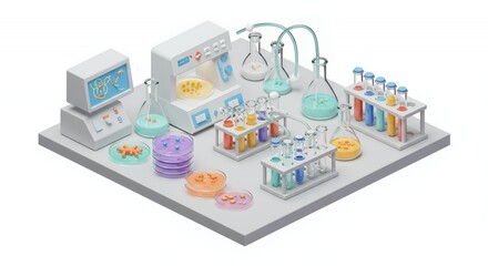 Obraz premium Pastel-Colored Isometric 3D Rendering of a Laboratory with Scientific Equipment on White Background