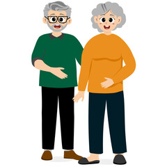 Old man and woman with glasses standing or walking hand in hand. Old couple with gray hair. Family concept