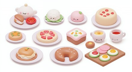 Pastel Kawaii 3D Rendered Food Items on White Background