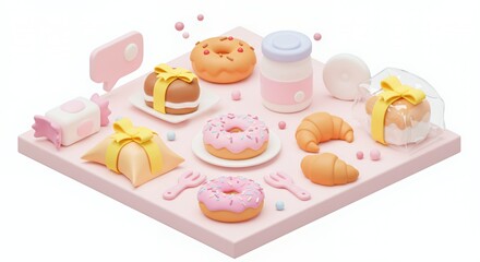 Pastel Kawaii Baked Goods 3D Rendering: Donuts, Croissants, and Sweets on Pink Surface