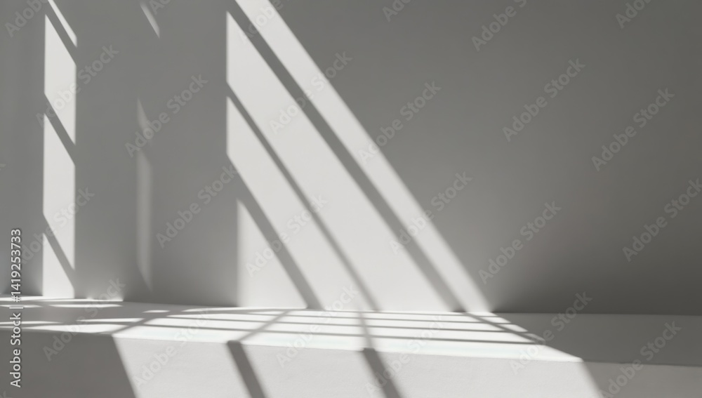 Poster shadows cast on a minimalist wall create an abstract background with geometric patterns