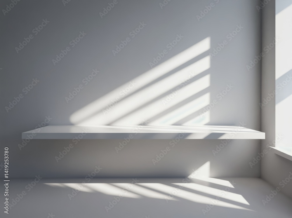 Poster abstract background showcasing a minimalist shelf and dynamic light patterns in a contemporary space