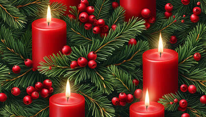 Festive Christmas candle pattern with greenery and berries