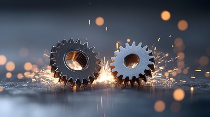Two metallic gears grinding against each other with immense pressure causing intense friction sparks in an industrial mechanical setting