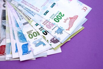 Argentine pesos money bills in big amount lies on purple color table close up