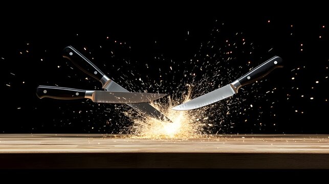 Dramatic Clash of Knives in a Culinary Showdown Two Chefs Engaged in a Fierce Battle Sparks Flying as Their Blades Collide in Mid Air