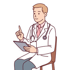 Seated male doctor smiles and gestures while using digital clipboard. Confident medical professional in clinical consultation setting offering guidance