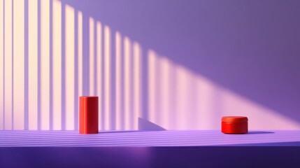 Minimalist Product Display: Red Cylinders on Lavender Platform with Sunlight