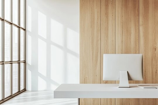 Modern, minimalist workspace with natural light.  A bright and airy office, featuring large windows, light wooden wall panels, and a clean white desk with a monitor