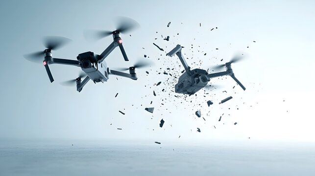 Dramatic midair collision between two drones breaking apart into fragments with a sense of chaos and motion