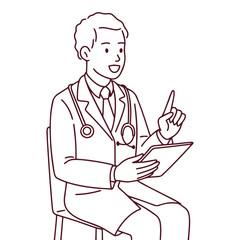 Black and white drawing of male doctor sitting with clipboard and gesturing. Outline illustration of confident medical expert giving consultation