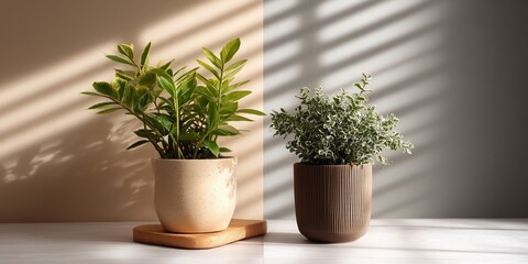 Two potted plants in sunlit room