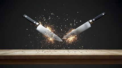 Dramatic Culinary Clash Two Knives Colliding in Midair Amidst a Burst of Sparks Capturing the Intensity of a Chef s Duel