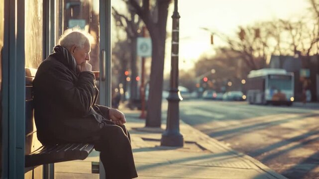 Contemplative elderly person resting on bench, waiting near bus station during warm evening light