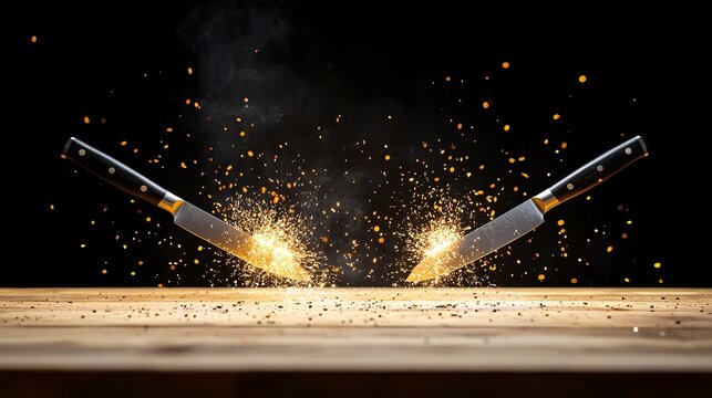 Two knives clashing in mid air during an intense chef duel creating a burst of dramatic sparks as the blades collide with force and energy