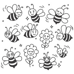 Hand drawn doodles of smiling bees and blooming flowers in black on white background