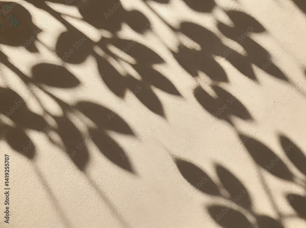 Poster shadows of leaves creating an abstract pattern on a light background during daylight hours