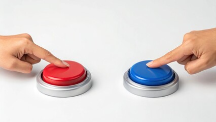 Hands pressing red and blue buttons on white background