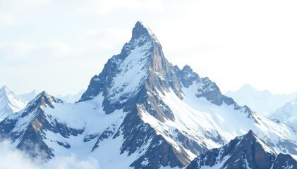 Obraz premium Snow-covered mountain peak against a stark white sky, cliffs, white