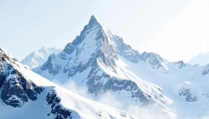 Obraz premium Snow covered mountain peak, bright white backdrop, landscape, cliffs