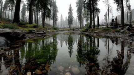 Obraz premium A forest lake reflects both lush greenery and deforested land, showing stark contrast in environmental impact.