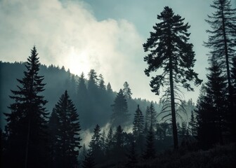 Obraz premium Mystical dark woods shrouded in fog, vintage-styled nature photography; eerie silhouettes against a bright sky.