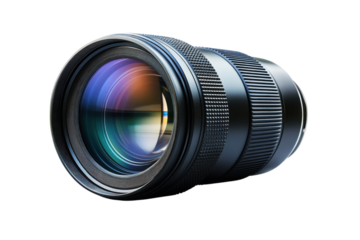 Detailed camera lens showcasing intricate design vibrant lens elements against a stark black on transparent background