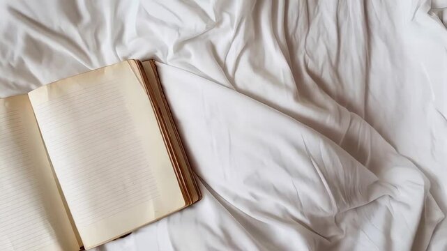 Vintage notebook with empty pages resting atop rumpled white linens, ready for creative composition or personal journaling
