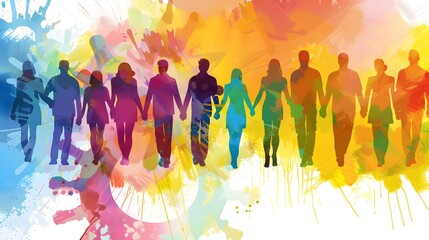 Silhouettes of Diverse Individuals Walking Hand-in-Hand, Representing Unity and Togetherness, Against a Vibrant, Abstract Watercolor Background, Symbolizing Harmony and Shared Experiences.
