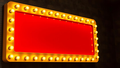 Gold star frame glowing bulbs against red and black background. Drama, and entertainment themes.	